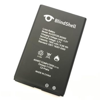 Li-ion accu voor BlindShell Classic en Classic LITE, 1800 mAh, zwarte rechthoekige batterij met specificaties op het label.