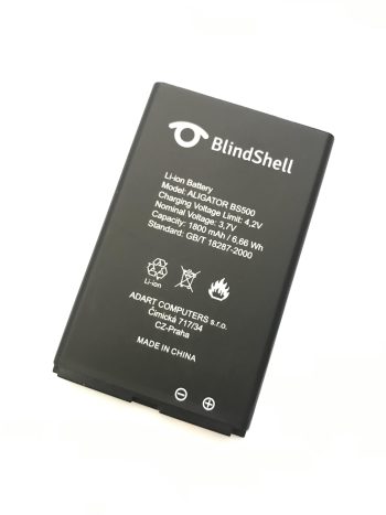 Li-ion accu voor BlindShell Classic en Classic LITE, 1800 mAh, zwarte rechthoekige batterij met specificaties op het label.